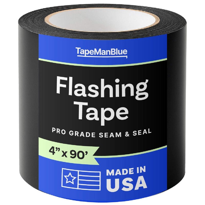 TapeManBlue Flashing Tape for Windows and Doors, 4 in x 90 ft Roll, Made in USA, Black Self-Adhesive Flashing Tape Waterproof, UV Resistant, Acrylic Adhesive, Great for Sealing Doors, Windows, Panel Seams (1) - Image 1